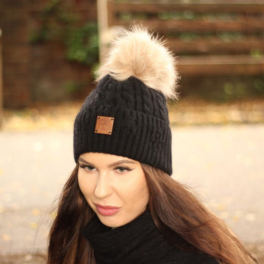 black Cashmere faux fur pom pom beanie