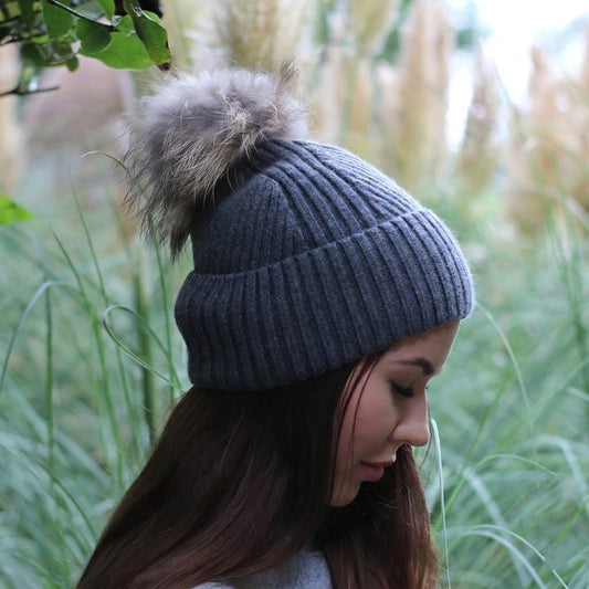 dar grey silk lined fox fur pom pom hat