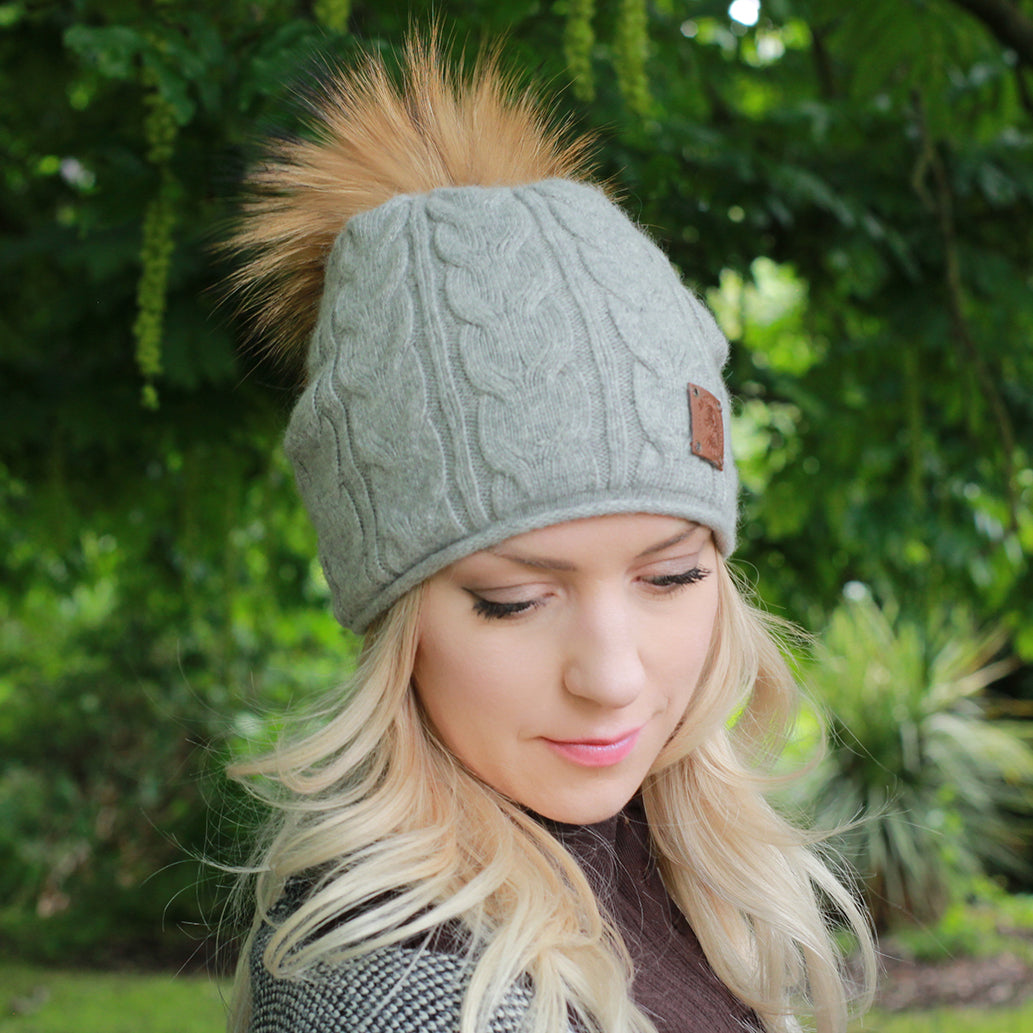 grey Women's winter cashmere slouchy fox fur pom pom hat, Cashmere double layer warm beanie, Gift for her