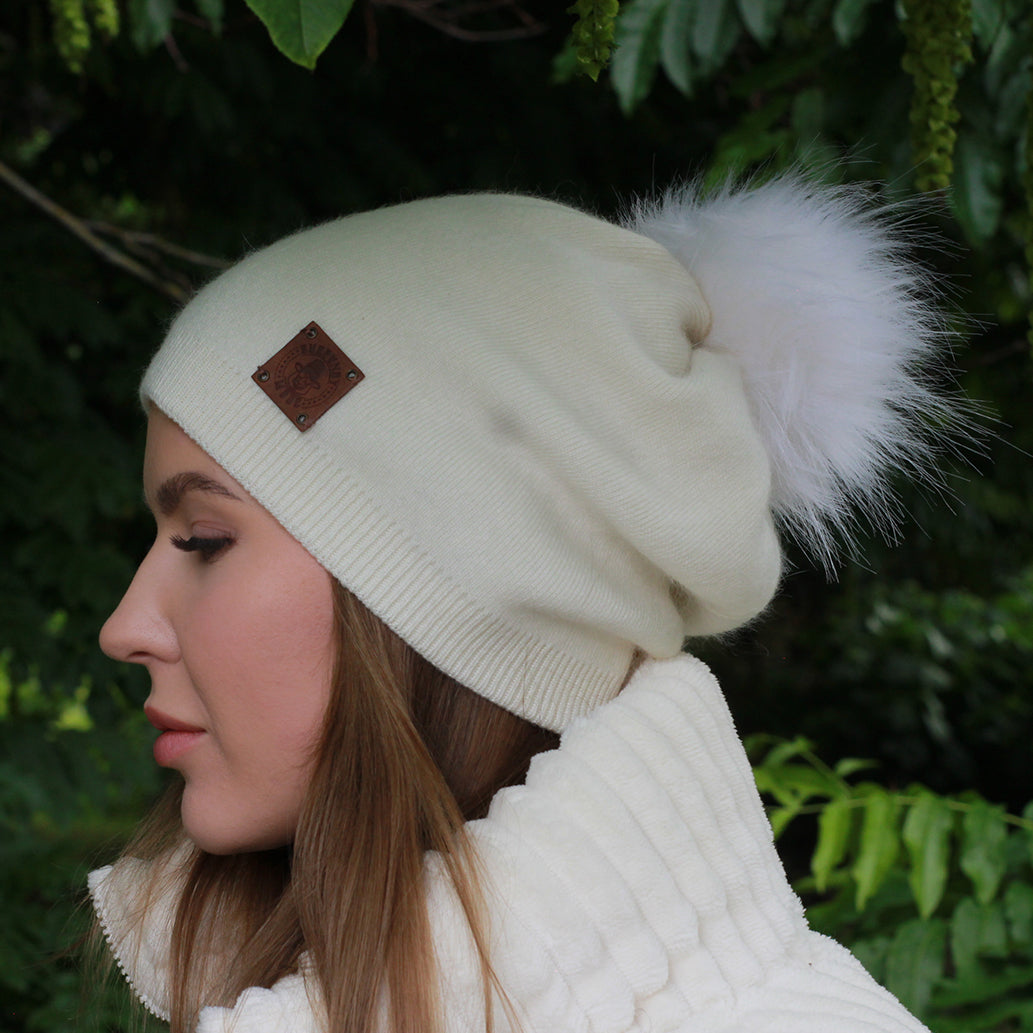 Bonnet à pompon en fausse fourrure de cachemire, bonnet d'hiver double couche en cachemire pour femme, cadeau pour elle