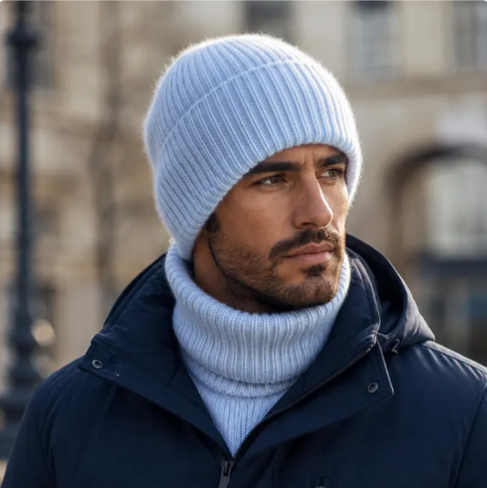 light blue Men’s Winter Cashmere Hat and Neck Warmer Set