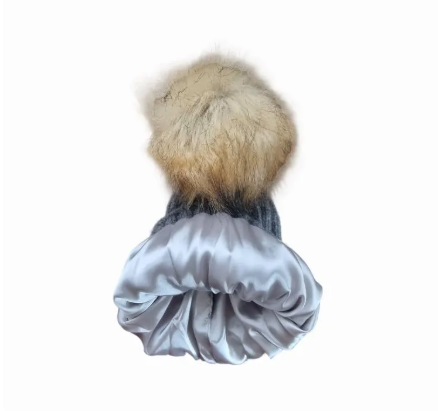 dark grey Silk-Lined Women’s Cashmere Hat – Smaller Size Beanie with Faux Fur Pom Pom, Soft & Warm Winter Hat, Gift for Her
