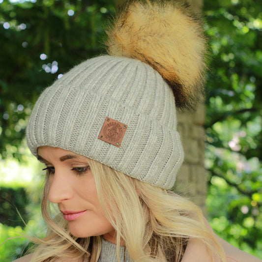 grey Silk-Lined Cashmere Hat with Fox Fur Pom Pom – Smaller Size