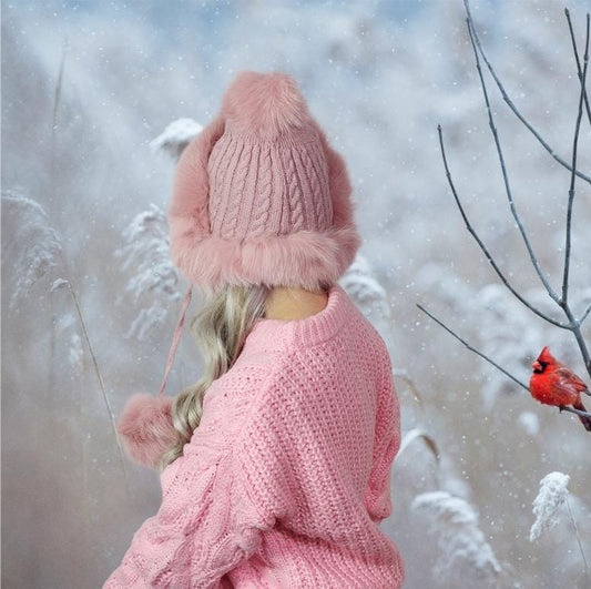 pink Women’s Real Fox Fur Trim & Pom Pom Beanie
