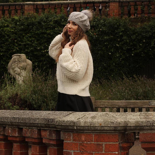 grey Women's cashmere real fur pom pom beret