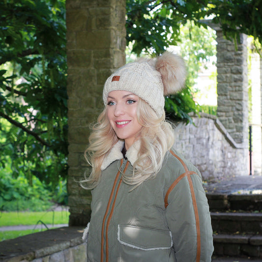 beigeWomen’s Double Pom Pom Winter Hat – Fleece-Lined Wool Beanie, Windproof & Warm, Cute Cold Weather Gift for Girls or Her