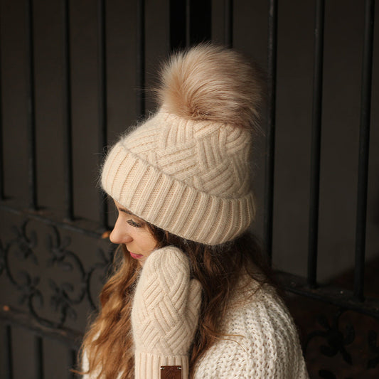 beige Cashmere Hat and Mittens Set for Women – Warm Winter Beanie with Faux Fur Pom Pom, Soft Luxury Gift Set For Her, Cozy and Stylish Accessory