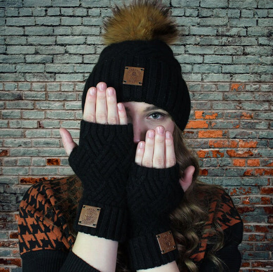 black Cashmere hat and fingerless gloves set, Faux fur pom pom cashmere beanie hat, Warm and soft winter cashmere set for womens. Gift for her