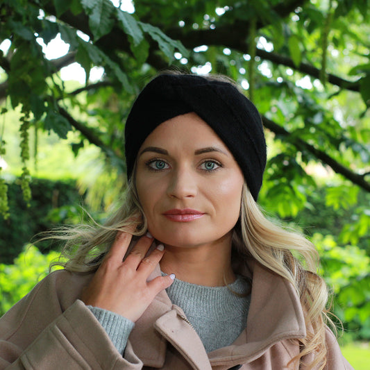 black Cashmere Headband – Double Layer Soft Ear Warmer, Cozy Winter Gift for Her