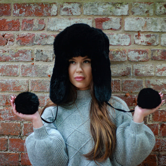 black Luxury Faux Fur Trapper Hat – Windproof Earflap Hat for Women, Warm Winter Lined Snow Hat, Cozy Gift for Her