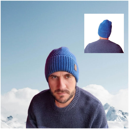 blue Silk-Lined Men’s Cashmere Beanie for Winter — Soft, Warm Mens Winter Satin- Lined Hat, Luxury Gift for Him