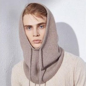 brown Cashmere Winter Hood Balaclava Hat for Men – Oversized Warm Knit Cozy Hooded Beanie, Soft Head Cover, Luxury Gift for Him