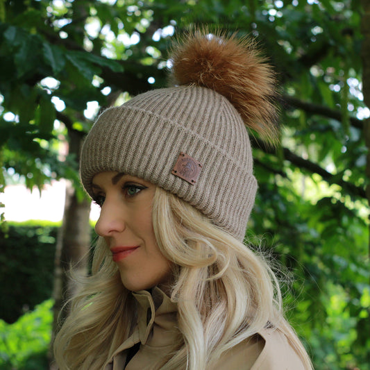 brown Women’s cashmere hat with pure silk lining – real fur winter beanie for curly, frizz-free hair, perfect gift for her