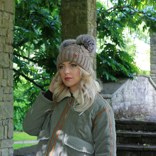 brown Women’s Double Pom Pom Winter Hat – Fleece-Lined Wool Beanie, Windproof & Warm, Cute Cold Weather Gift for Girls or Her