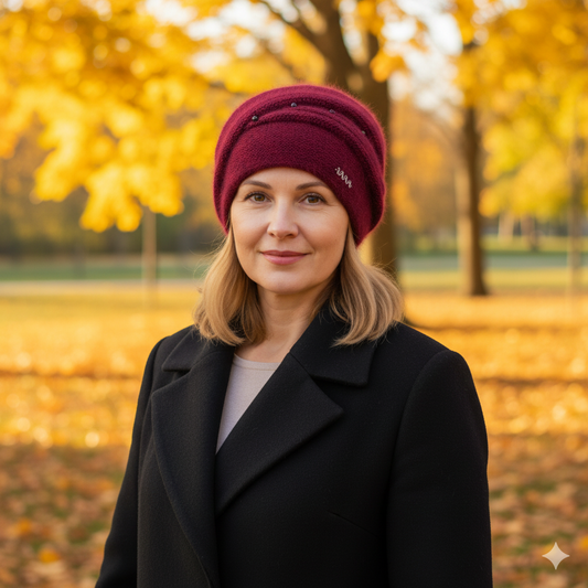 burgundy Women’s Angora Wool Winter Hat – Double Layer Warm Beanie, Cozy Gift for Mom or Grandma