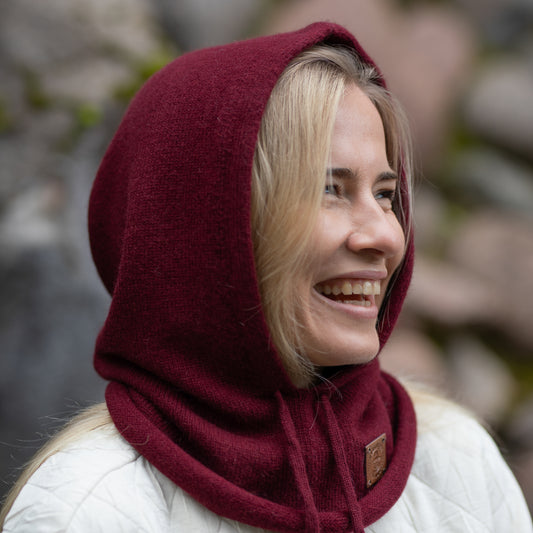 burgundy Satin-Lined Cashmere Balaclava – Women’s Winter Hood Hat