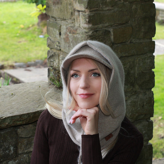 brown Cashmere Winter Hood Hat for Women – Warm Hooded Beanie, Soft Knit Balaclava Style, Cozy Head Cover, Luxury Gift for Her