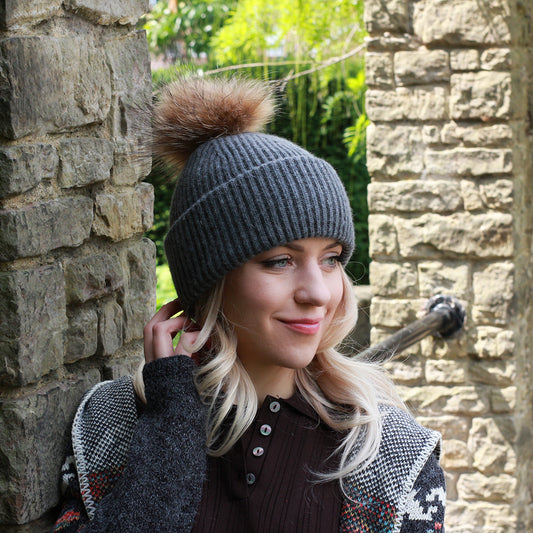 dark grey Women’s cashmere hat with pure silk lining – real fur winter beanie for curly, frizz-free hair, perfect gift for her