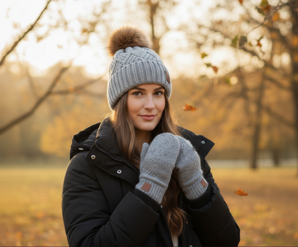 Set aus Kaschmirmütze und Fäustlingen für Damen, Kaschmirmütze mit Kunstpelzbommel, warmes und weiches Winter-Kaschmirset für Damen. Geschenk für sie.