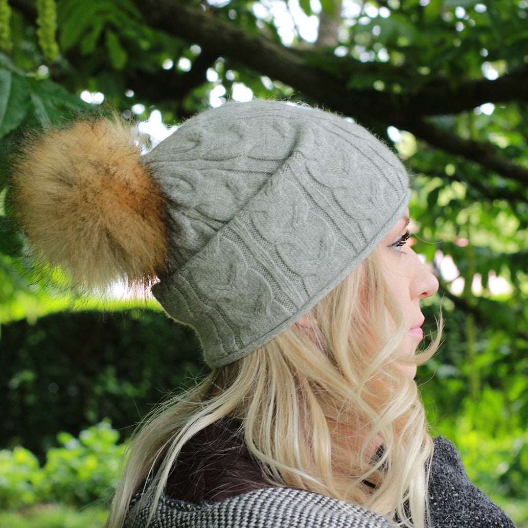 grey Women's winter cashmere slouchy faux fur pom pom hat, Cashmere double layer warm beanie, Gift for her