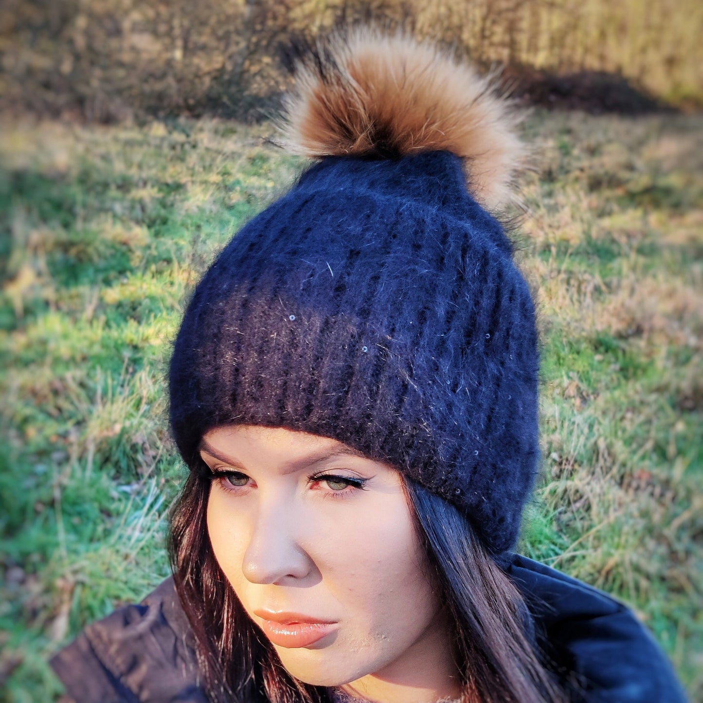 Bonnet à pompon en tricot pour femme, bonnet intérieur en coton, bonnet en laine angora, bonnet épais, bonnet coupe-vent super doux et confortable