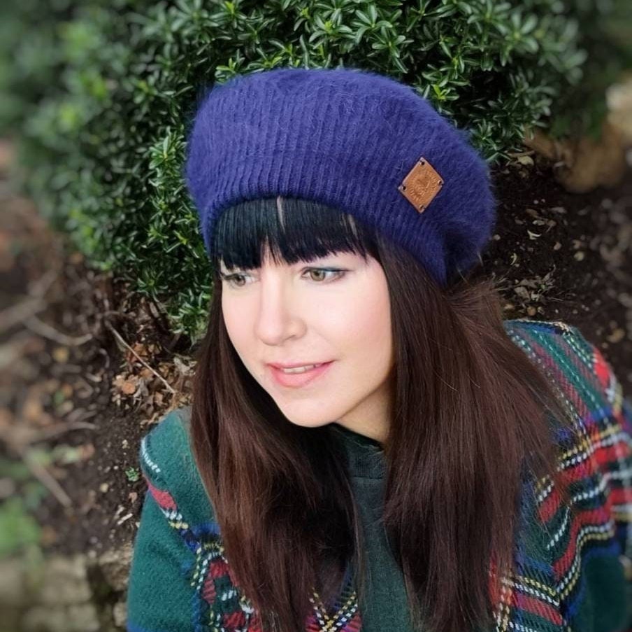 Bonnet d'hiver pour femme, béret chaud double couche pour femme, bonnet angora, béret français en tricot