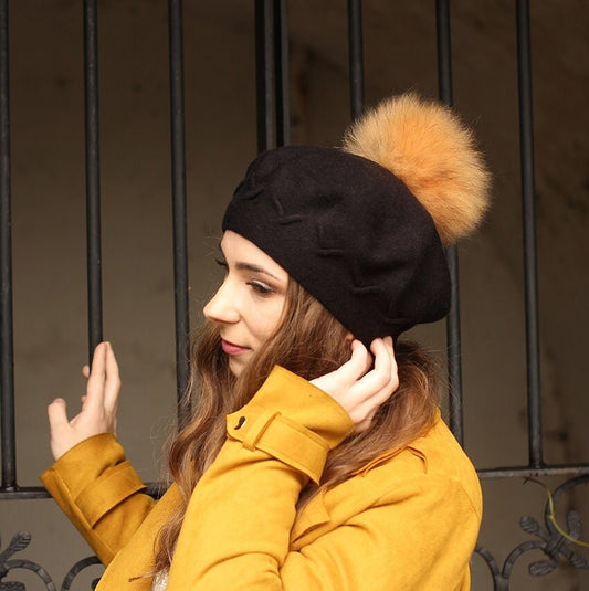 Béret à pompon en cachemire pour femme, Bonnet d'hiver pour femme, Béret en cachemire français, Cadeau pour elle