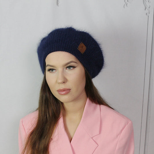 Women winter hat, double layer warm womens beret, angora hat, knit french beret