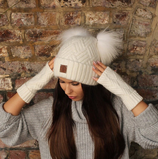 white Cashmere double fox fur pom pom hat, Cozy and warm women's girl's bobble beanie, Gift for her