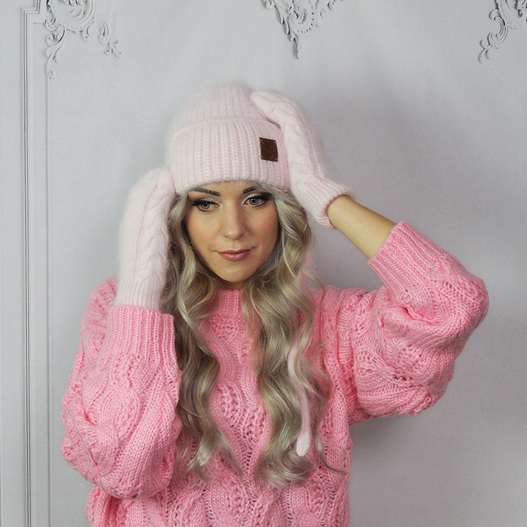 Bonnet cache-oreilles femme, Ensemble bonnet et mitaines, Bonnet d'hiver femme, Cadeau pour elle