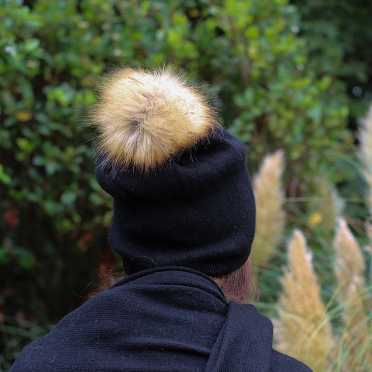 Cashmere set: Faux fur pom pom hat, gloves, scarf, Cashmere slouchy beanie, Warm and soft women winter cashmere set. Gift for her