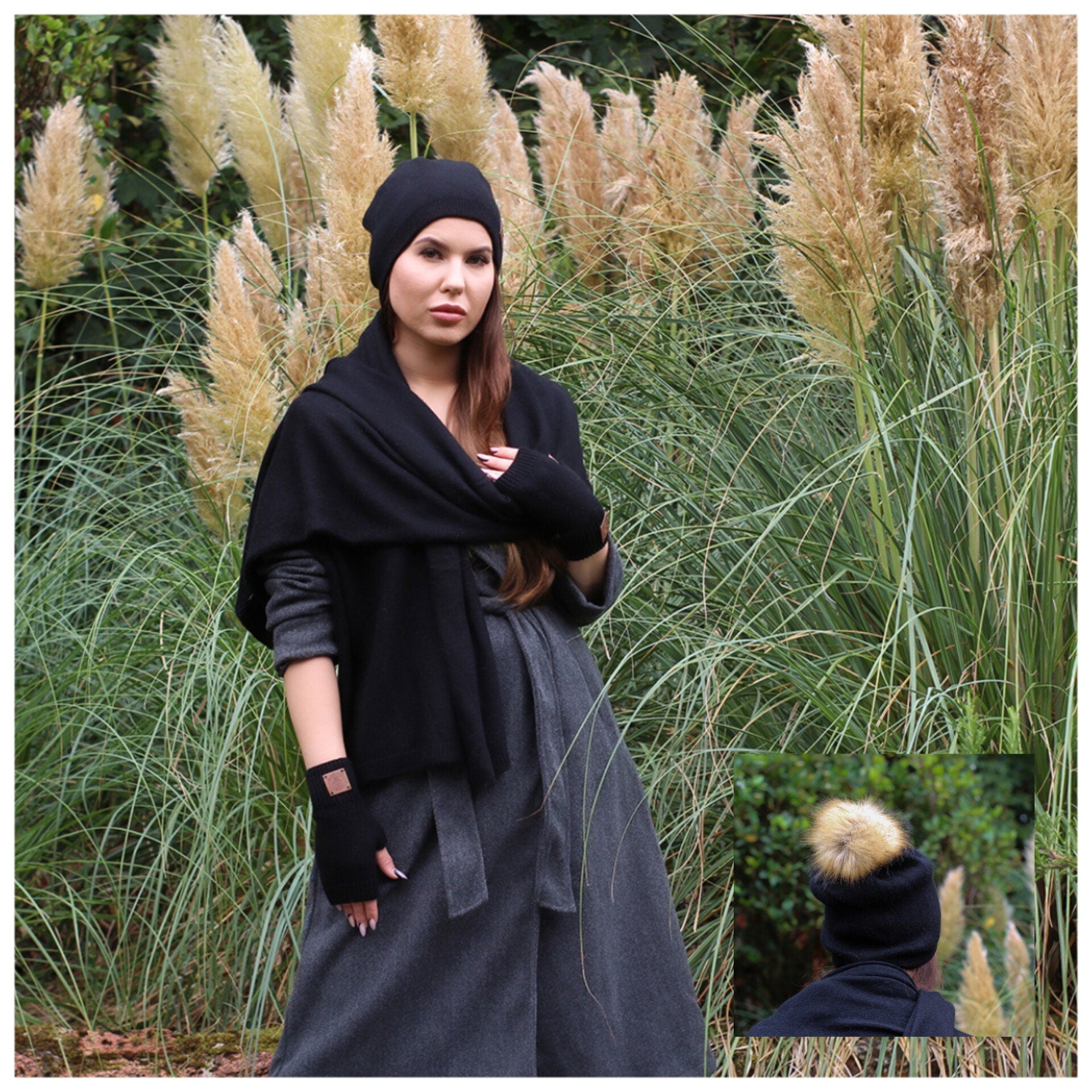 cashmere schal und handschuhe Kaschmir-Set: Mütze mit Kunstpelz-Bommel, Handschuhe, Schal, Kaschmir- – BURGUNDY MODE