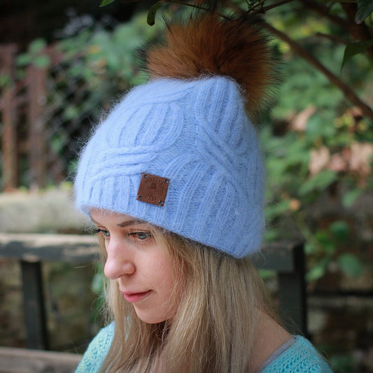 Bonnet à pompon en fourrure de renard en cachemire, bonnet d'hiver en tricot de cachemire épais pour femme, cadeau pour elle