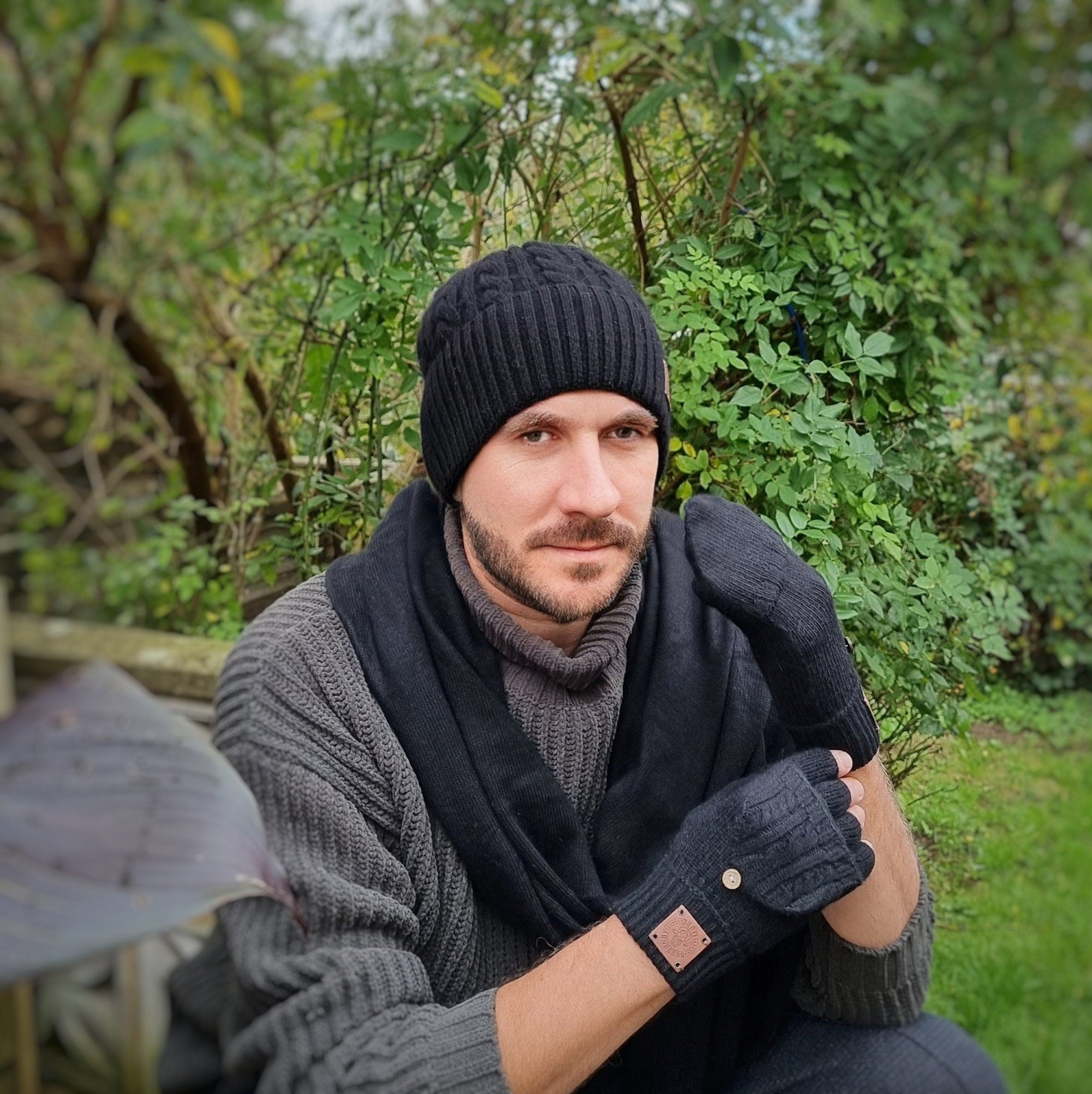 Fingerlose Handschuhe aus Kaschmir für Männer, Weiche fingerlose Flapp – BURGUNDY MODE