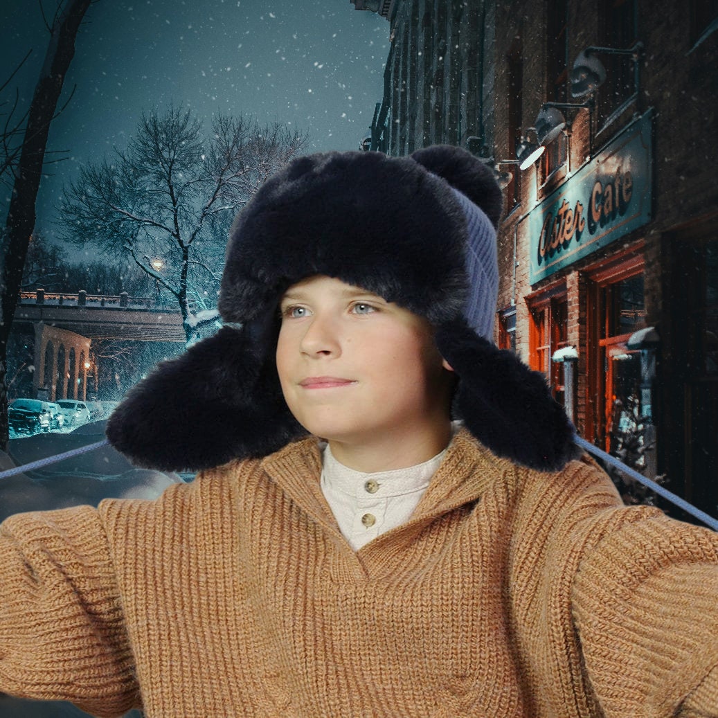 Earflap kid's winter hat, Faux fur beanie, Windproof pom pom boys