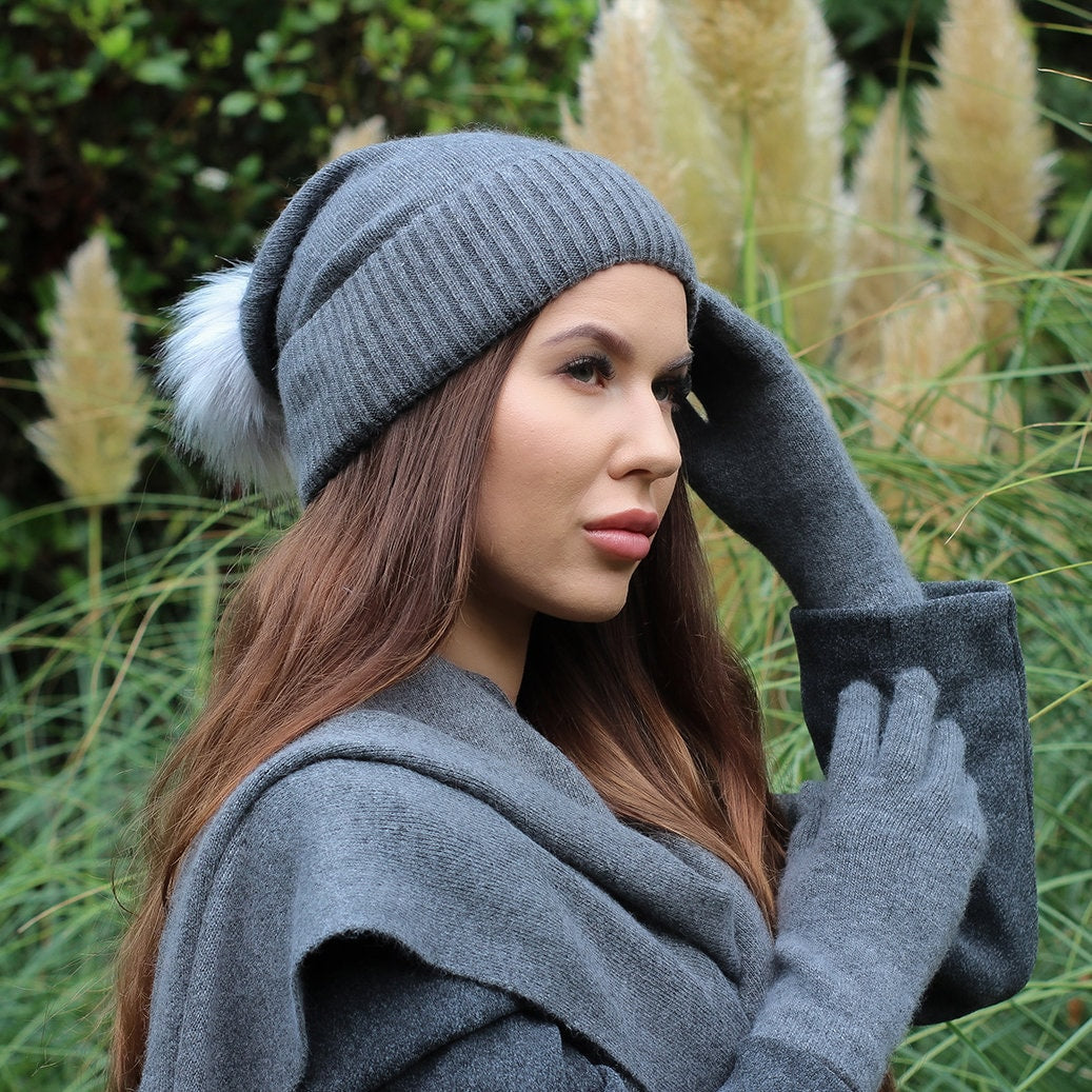 Damen Kaschmir Set: Mütze, Handschuhe, Schal, Kaschmir Kunstfell Bomme