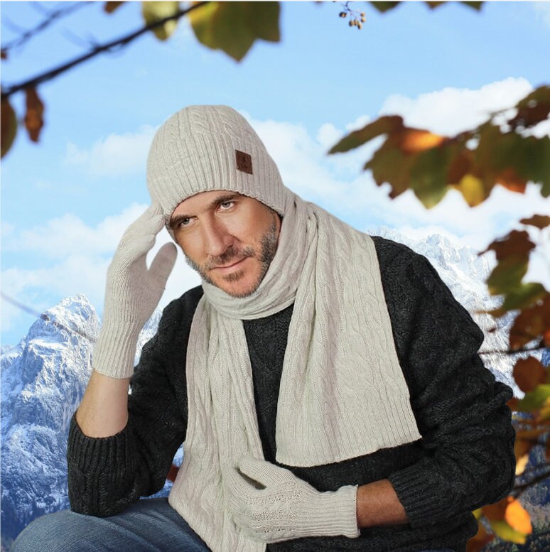 mütze schal handschuhe set männer Kaschmir-Set für Herren: Mütze, Handschuhe, Schal, Strickset, gemütlic – BURGUNDY MODE