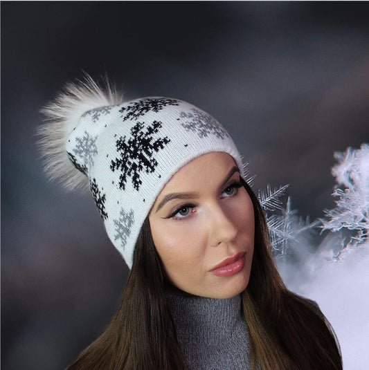 Women winter fox fur pom pom cashmere hat, Double layer snowflake design warm beanie, Gift for her