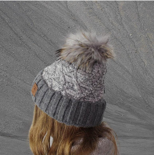 Women's woolen winter fox fur pom pom hat, Warm women bobble beanie, Gift for her