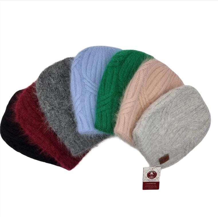 Bonnet d'hiver chaud en cachemire pour femme | Bonnet épais en tricot de cachemire double épaisseur pour femme | Bonnet d'hiver chaud en laine angora pour femme | Cadeau pour elle