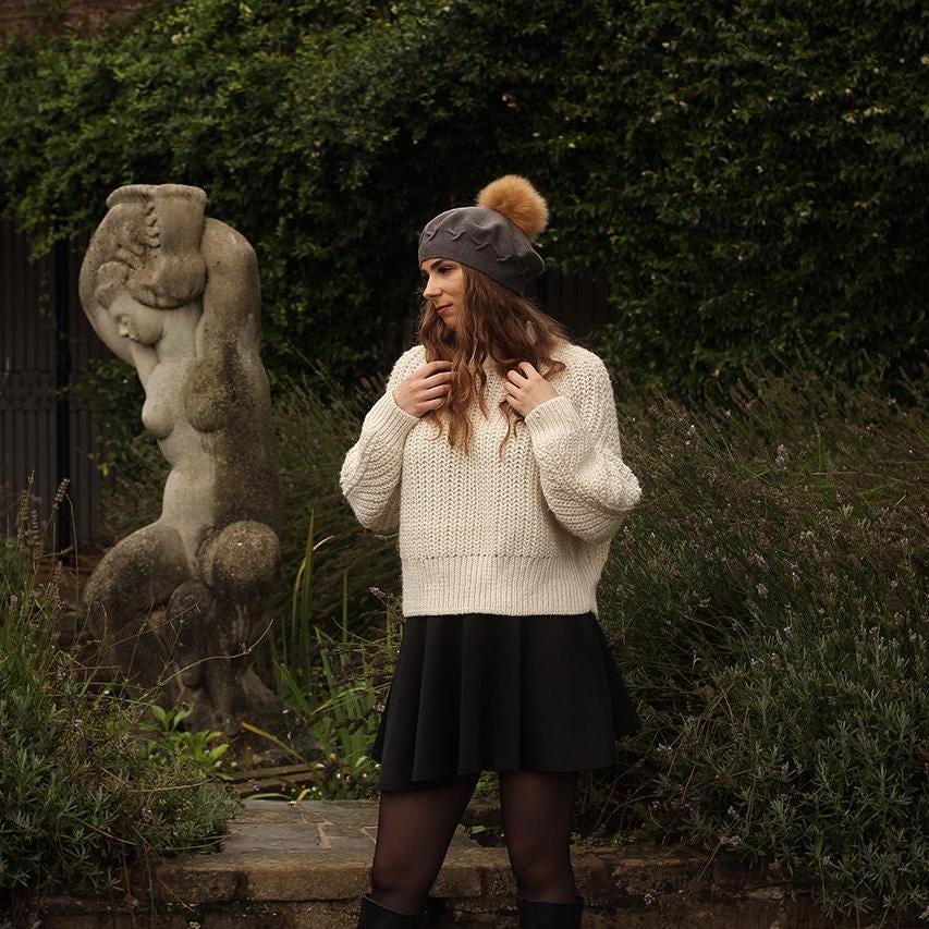 Women's cashmere pom pom beret, Women's winter hat, French cashmere beret, Gift for her