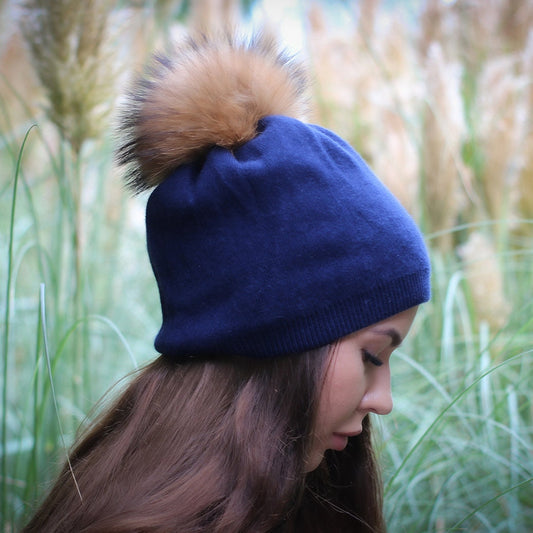 Blue Cashmere Winter Hat for Women – Soft Double Layer Beanie, Warm and Breathable Knit Fox Fur Pom Pom Hat, Elegant Cold Weather Gift for Her