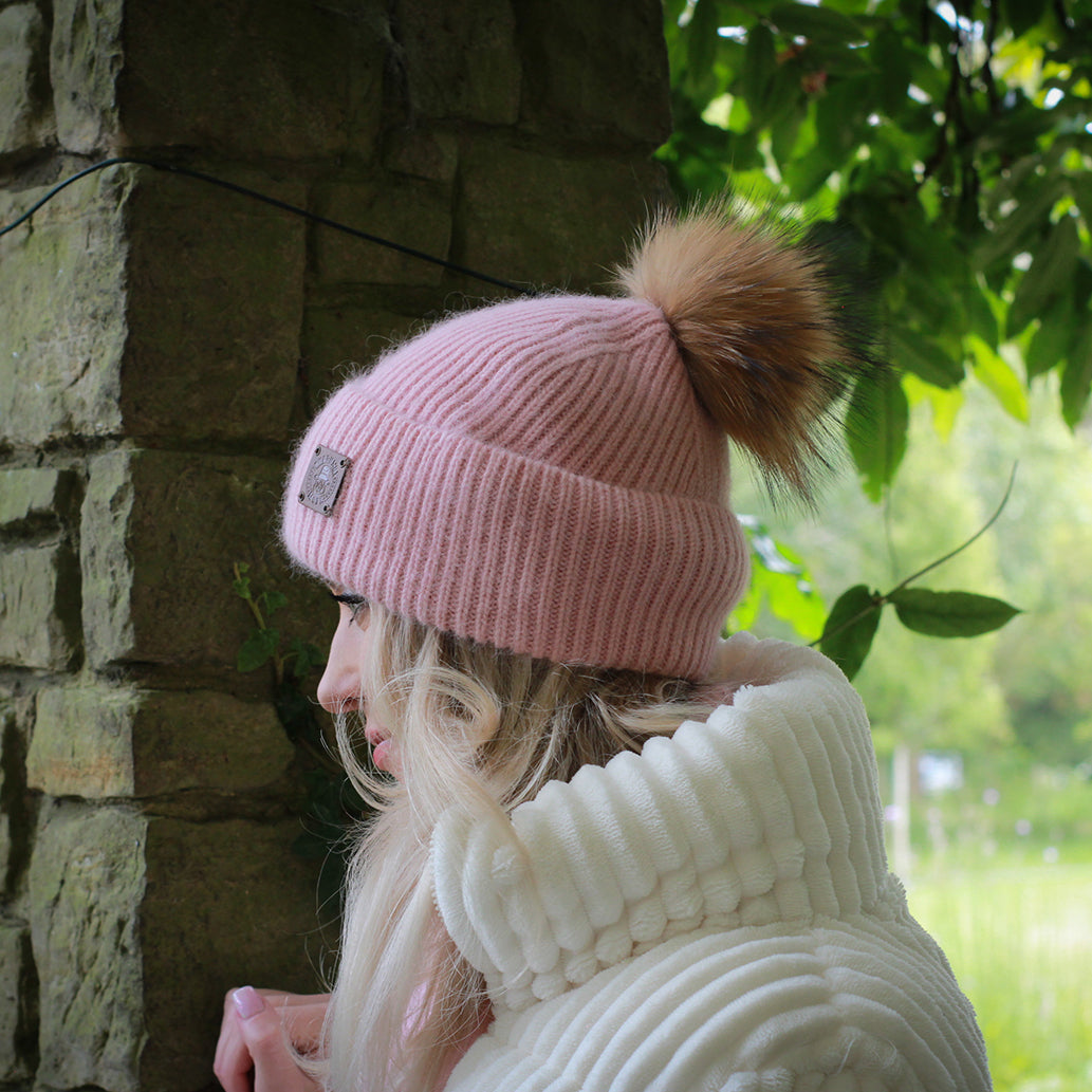 pink SET: Women’s Winter Cashmere Hat and Neck Warmer – Soft Warm Fox Fur Pom Pom Beanie & Snood Gift for Her, Cozy Cold Weather Accessory Set