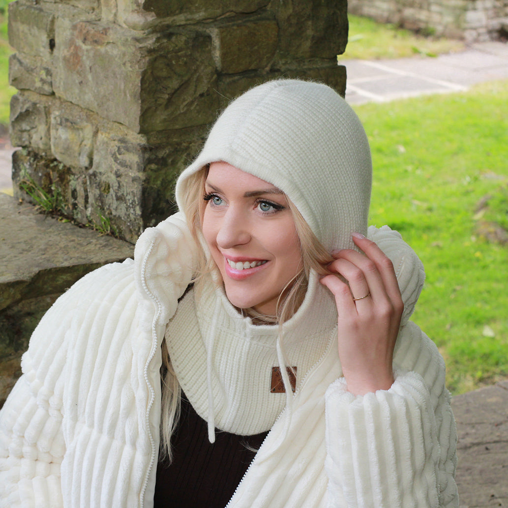 white Cashmere Winter Hood Hat for Women – Warm Hooded Beanie, Soft Knit Balaclava Style, Cozy Head Cover, Luxury Gift for Her