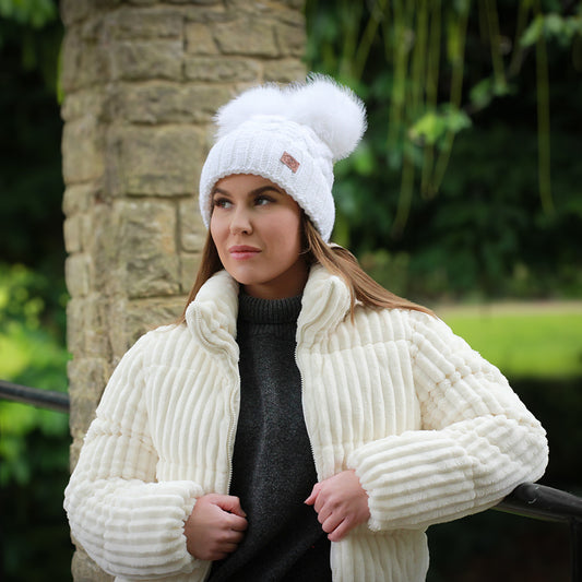 white Women’s Double Pom Pom Winter Hat – Fleece-Lined Wool Beanie, Windproof & Warm, Cute Cold Weather Gift for Girls or Her