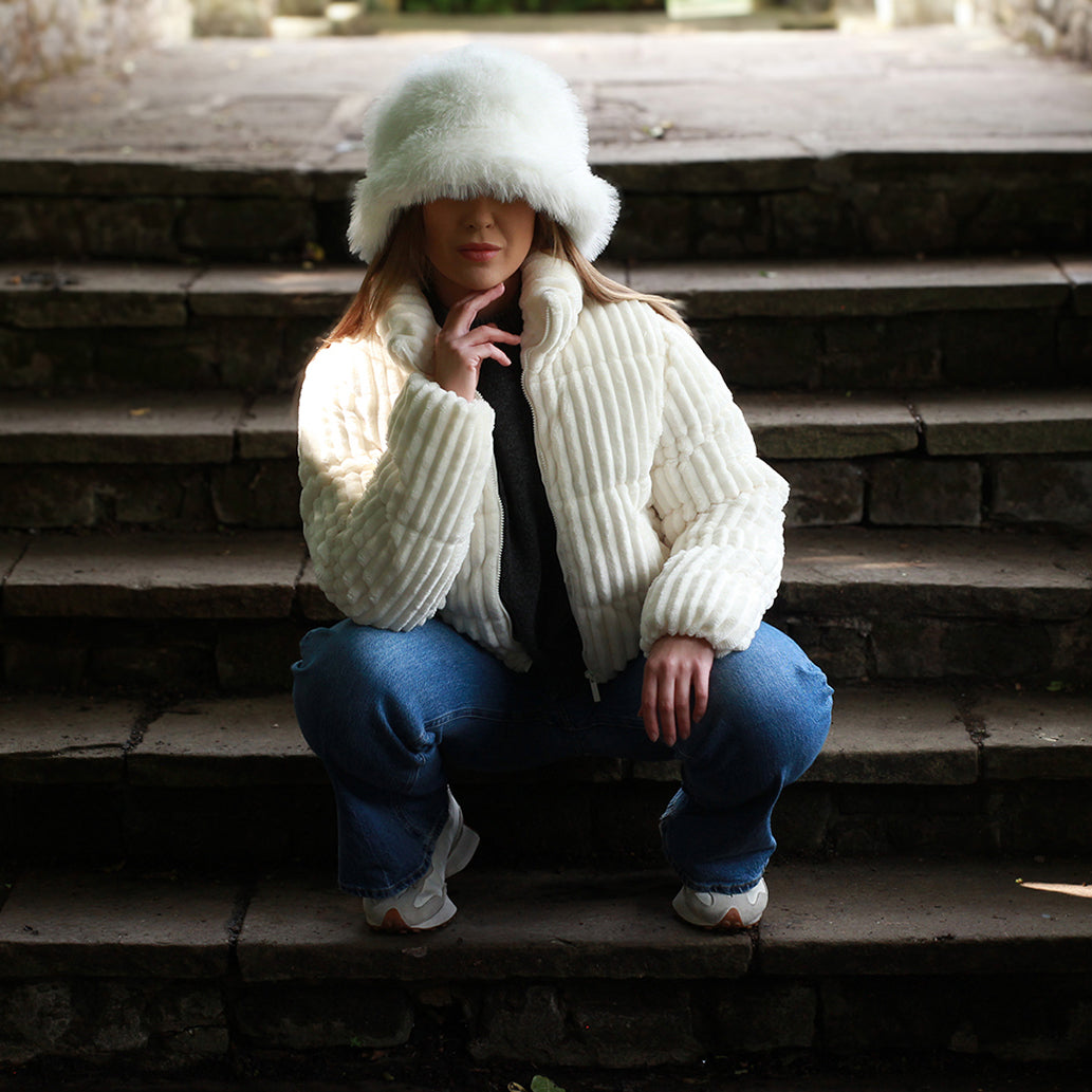white Fluffy Faux Fur Bucket Hat for Women - Super Soft and Warm Winter Hat, Cute Gift to Stay Cozy & Chic