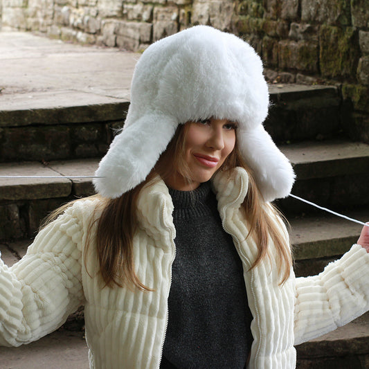 white Luxury Faux Fur Trapper Hat – Windproof Earflap Hat for Women, Warm Winter Lined Snow Hat, Cozy Gift for Her
