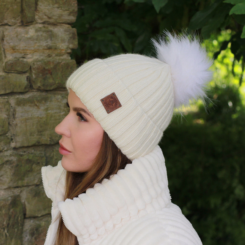 white Silk-Lined Women’s Cashmere Hat – Smaller Size Beanie with Faux Fur Pom Pom, Soft & Warm Winter Hat, Gift for Her