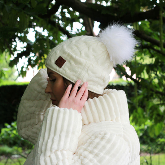 white Women's winter cashmere slouchy faux fur pom pom hat, Cashmere double layer warm beanie, Gift for her