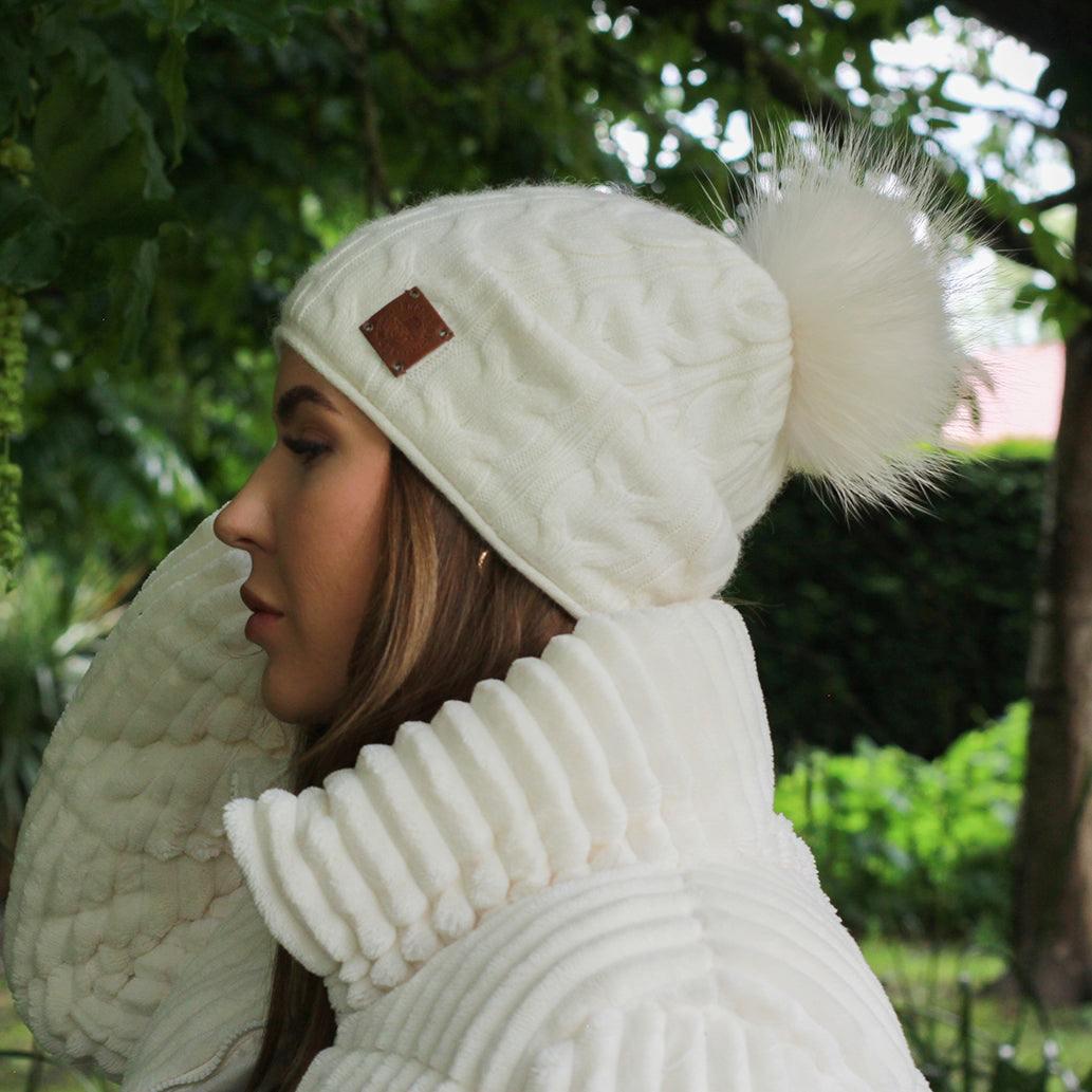 white Women's winter cashmere slouchy fox fur pom pom hat, Cashmere double layer warm beanie, Gift for her